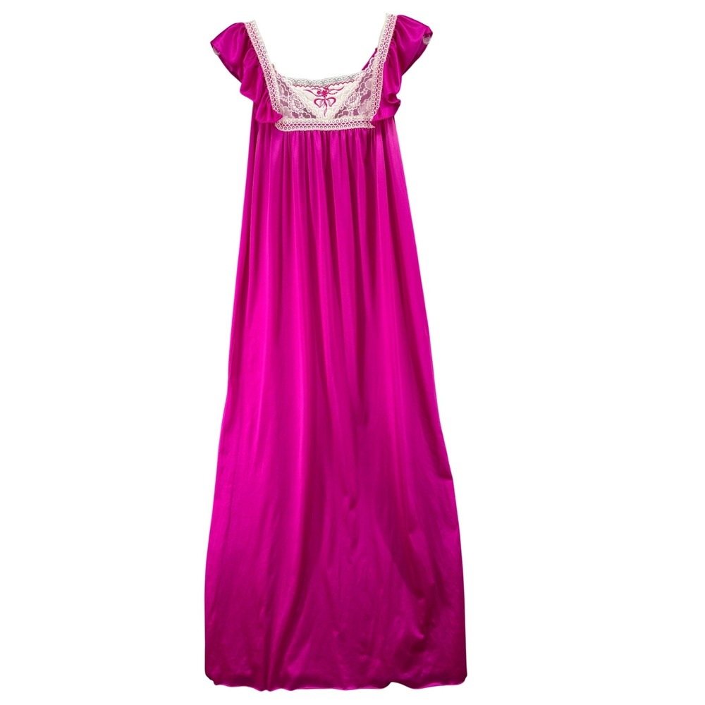 VTG Vandemere Gown Womens Sz S Maxi Nightgown Pink Lace Trim Ruffle Cap‎ Sleeve